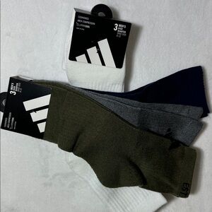 NWT Adidas Men's Multi-Color and White Crew Socks -2 Sets of 3 pair ea Size 6-12